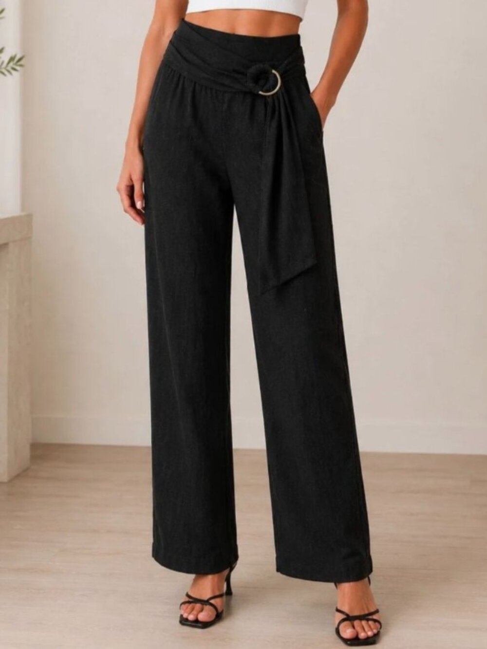 Marciano by Guess Women's Black Linen Wide Leg Pants Elastc Waist Size S